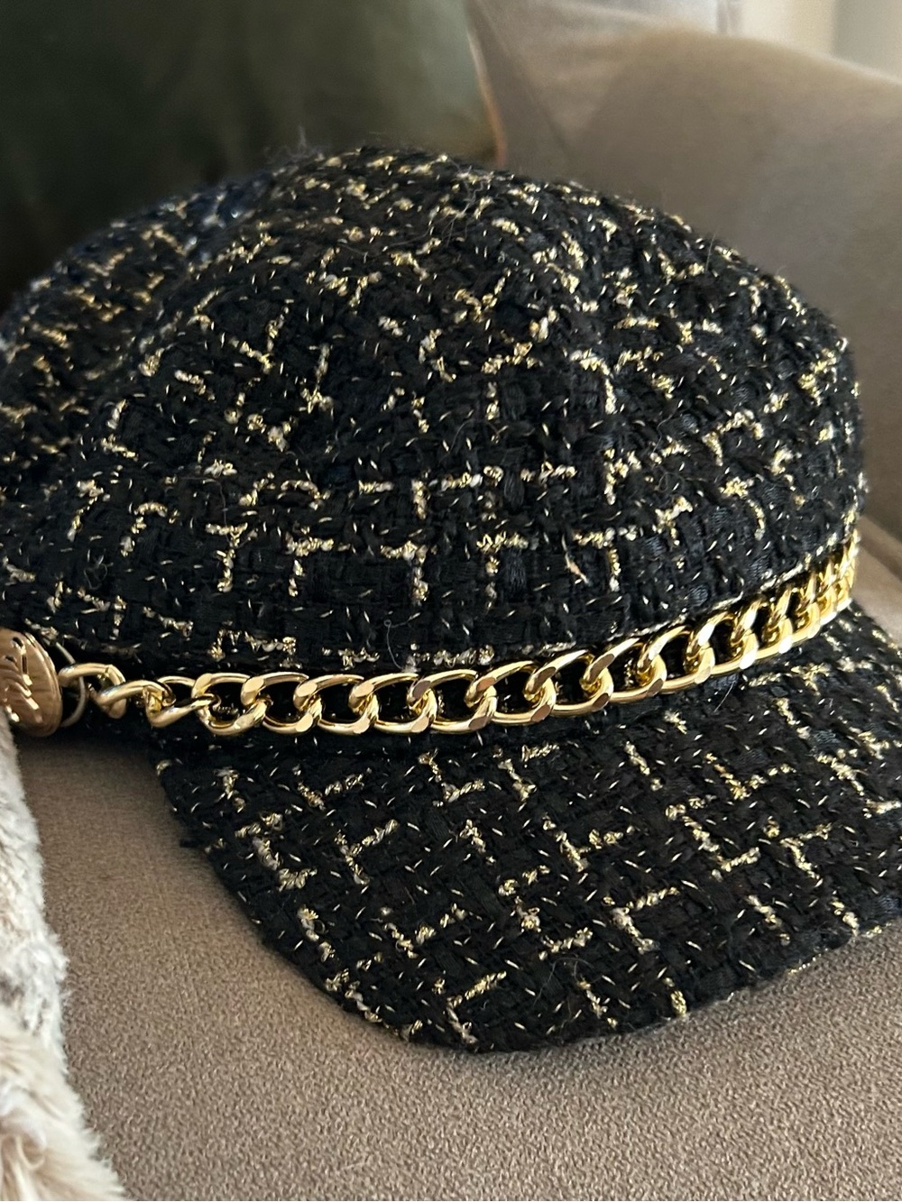 Juicy Couture Black Tweed Visor with Gold Chain Trim